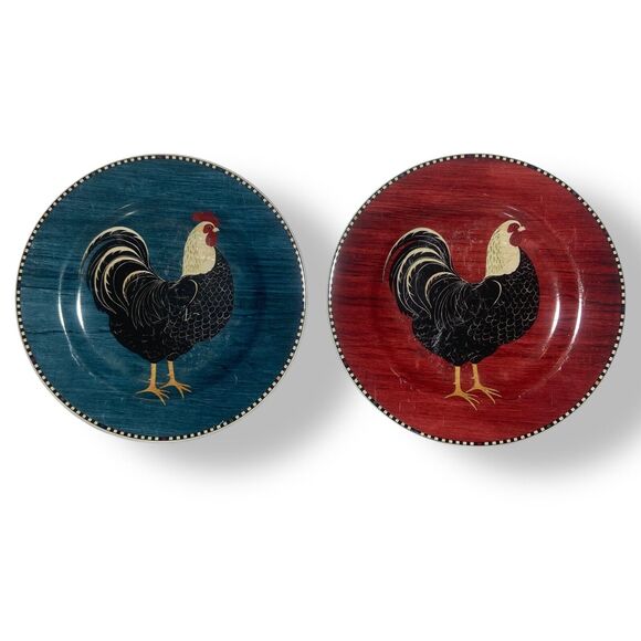 Sakura Warren Kimble Rooster Salad Plates Set Of 2 Blue Red Farmhouse Easter - Picture 1 of 6